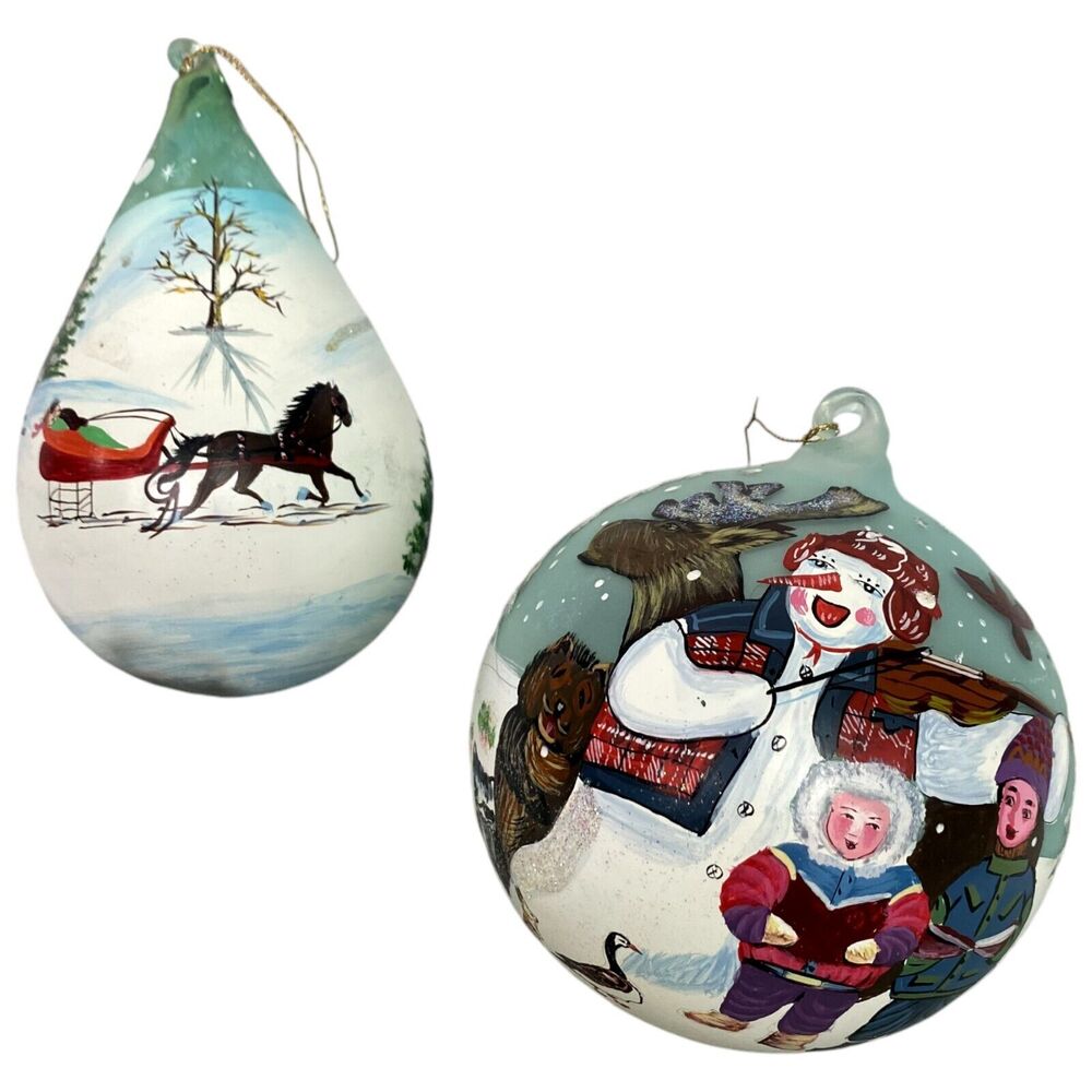 Winter Landscape Scene & Snowman Carolers Glass Christmas Ornament Hand Painted